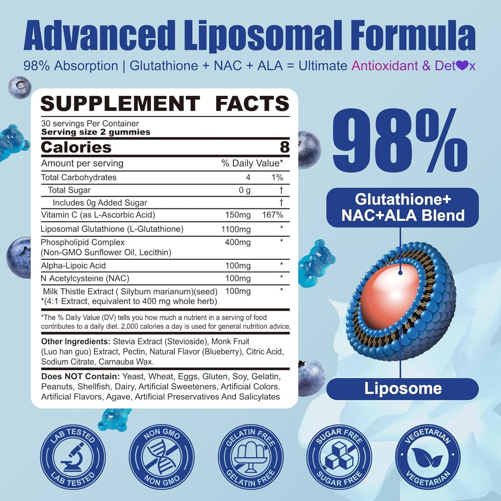 Liposomal Glutathione Gummies 1100mg Supplement, L-Glutathione Reduced with Vitamin C, Phospholipids, ALA, NAC & Milk Thistle, Antioxidant for Anti-Aging, Immune & Cleansing, Vegan, 60 ct