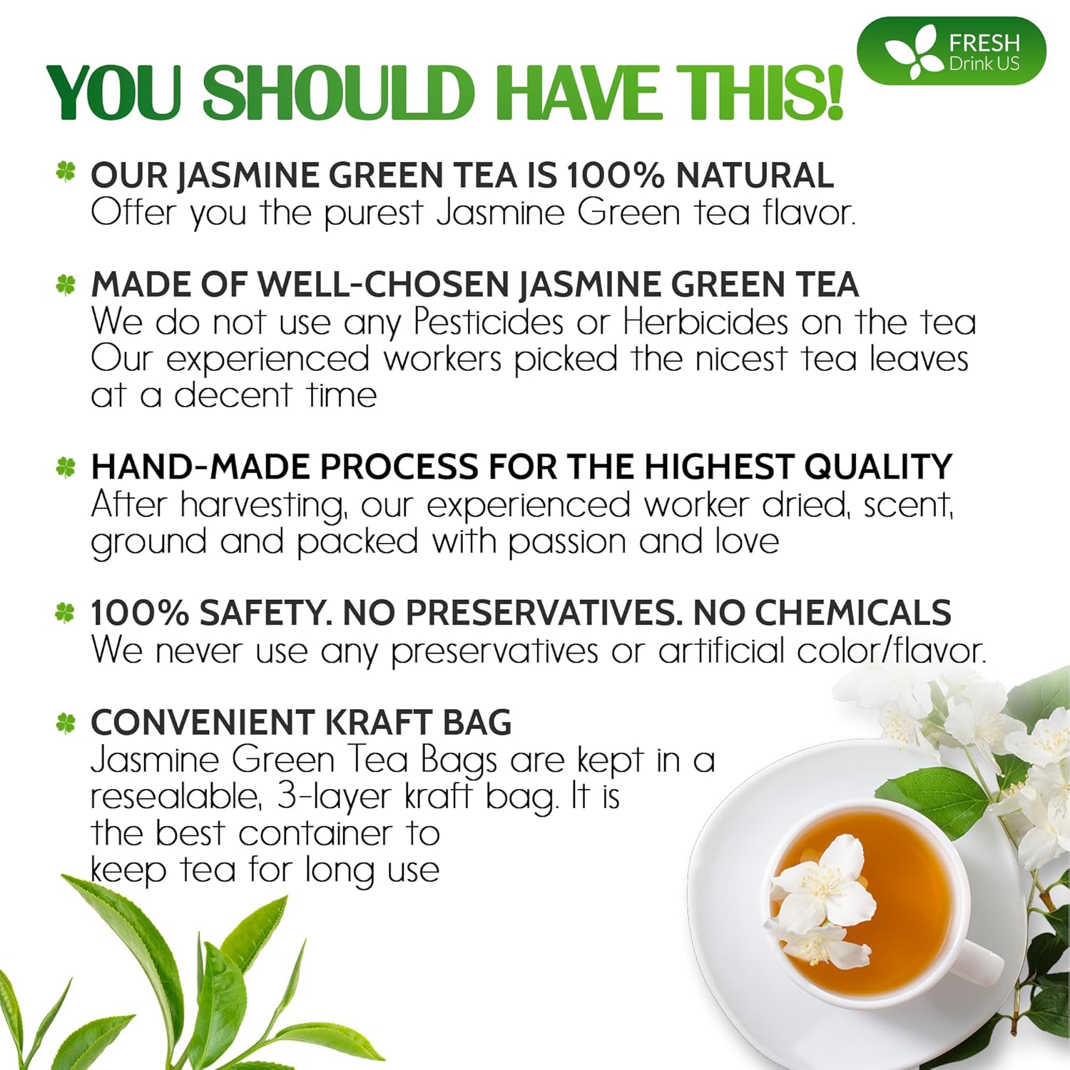 FreshDrinkUS Premium 135 Jasmine Green Tea Bags - 100% Natural & Pure, Made with Natural Material Tea Bags, No Sugar, No Gluten, Vegan