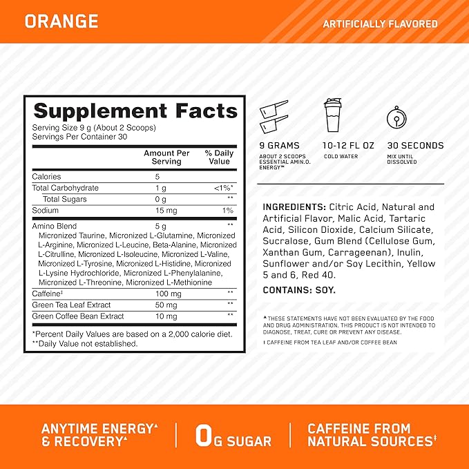 Optimum Nutrition Amino Energy Powder – Energy & Focus Pre Workout with Amino Acids, BCAA, Green Tea Caffeine & Coffee, Muscle Recovery Support – Orange Cooler, 30 Servings (Packaging May Vary)