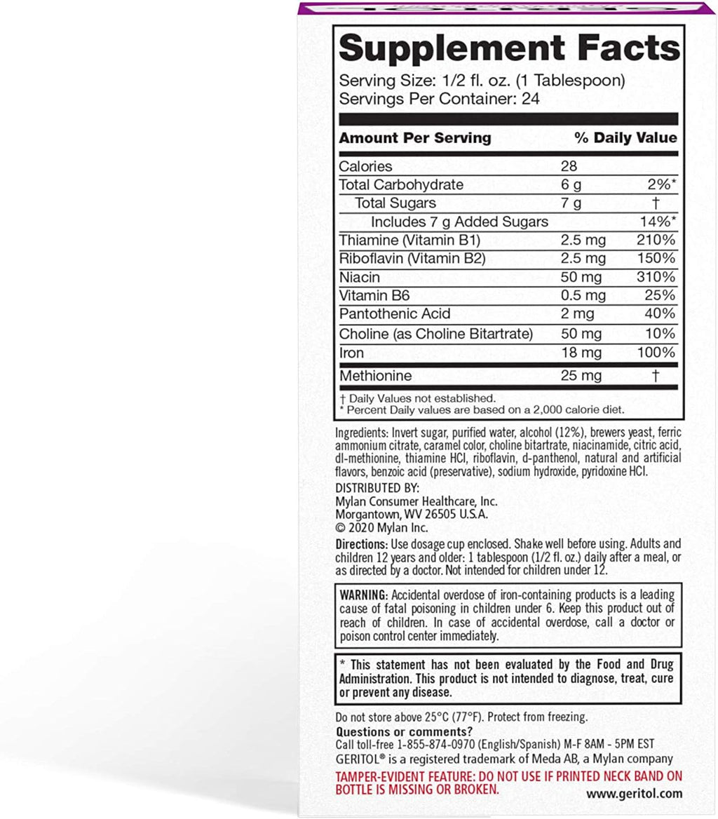 Geritol B-vitamins and Iron Liquid Supplement, 12-ounce, 2 Count