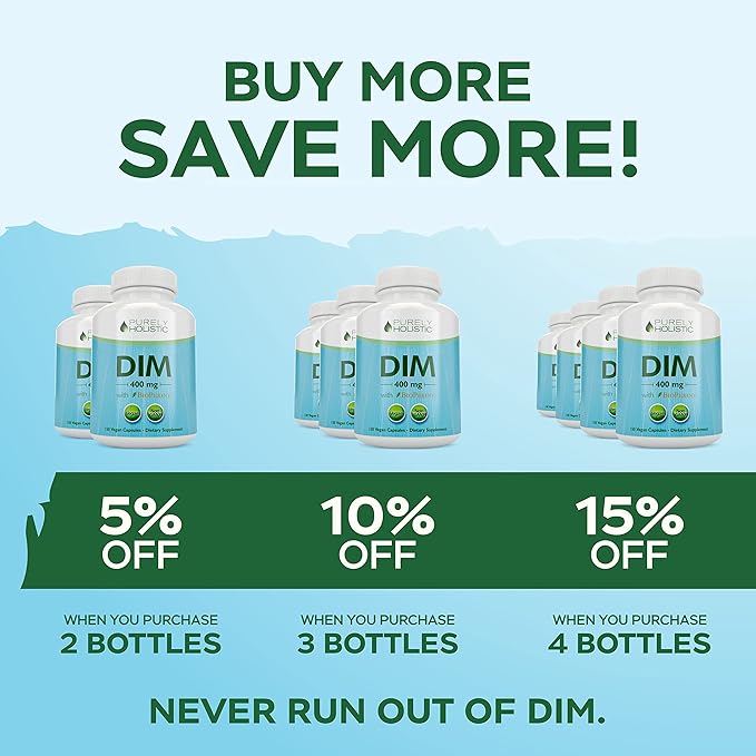 Purely Holistic DIM Supplement 400mg Plus Bioperine - 150 Vegan Capsules - 5 Month Supply - Hormone Balance for Women & Men - High Strength Diindolylmethane