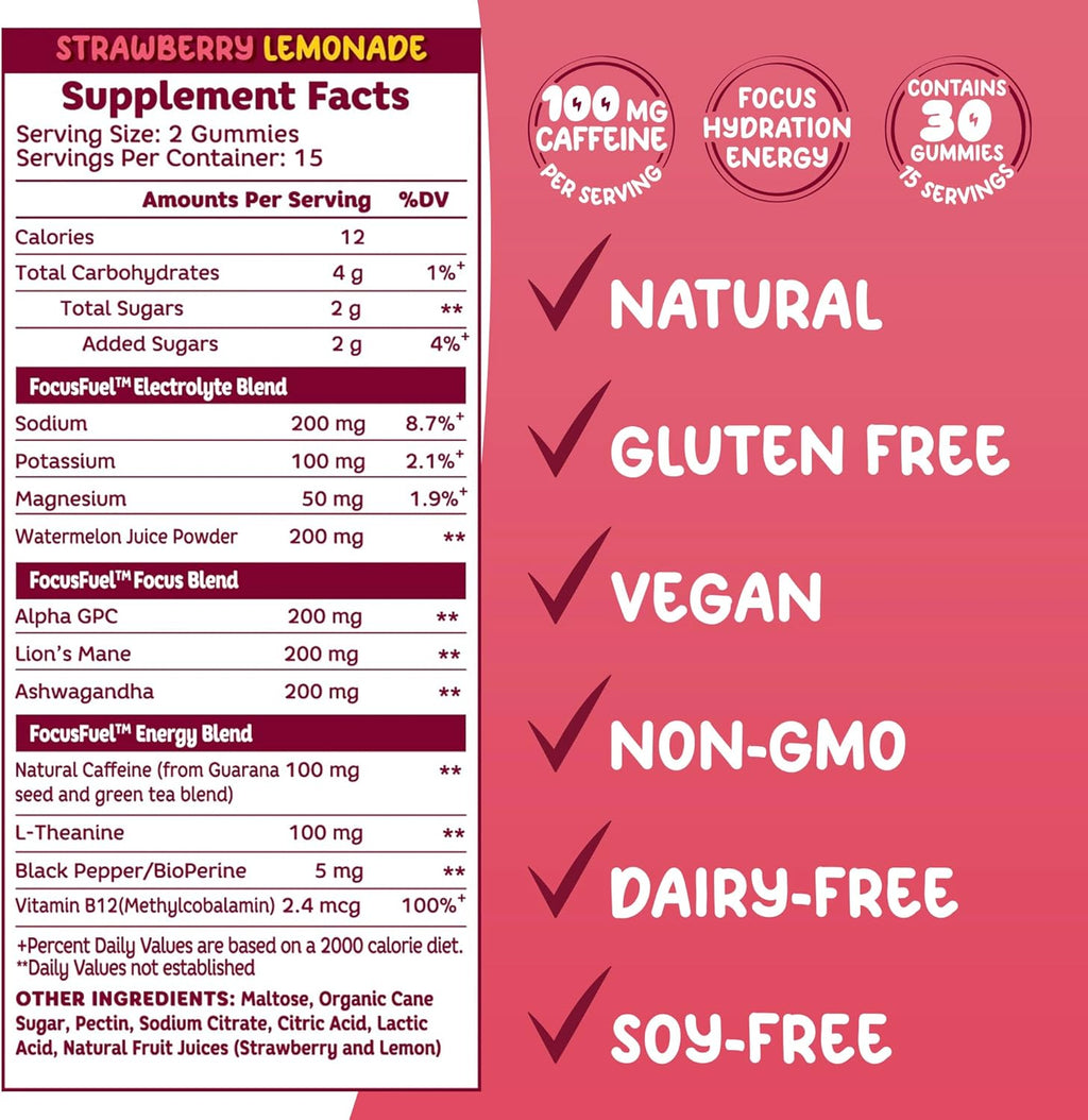 Energy Chews – Strawberry Lemonade Flavor (15 Servings) – 100mg Caffeine + Alpha GPC + L-Theanine + B12, Magnesium – Boost Focus & Energy – No Crash or Jitters
