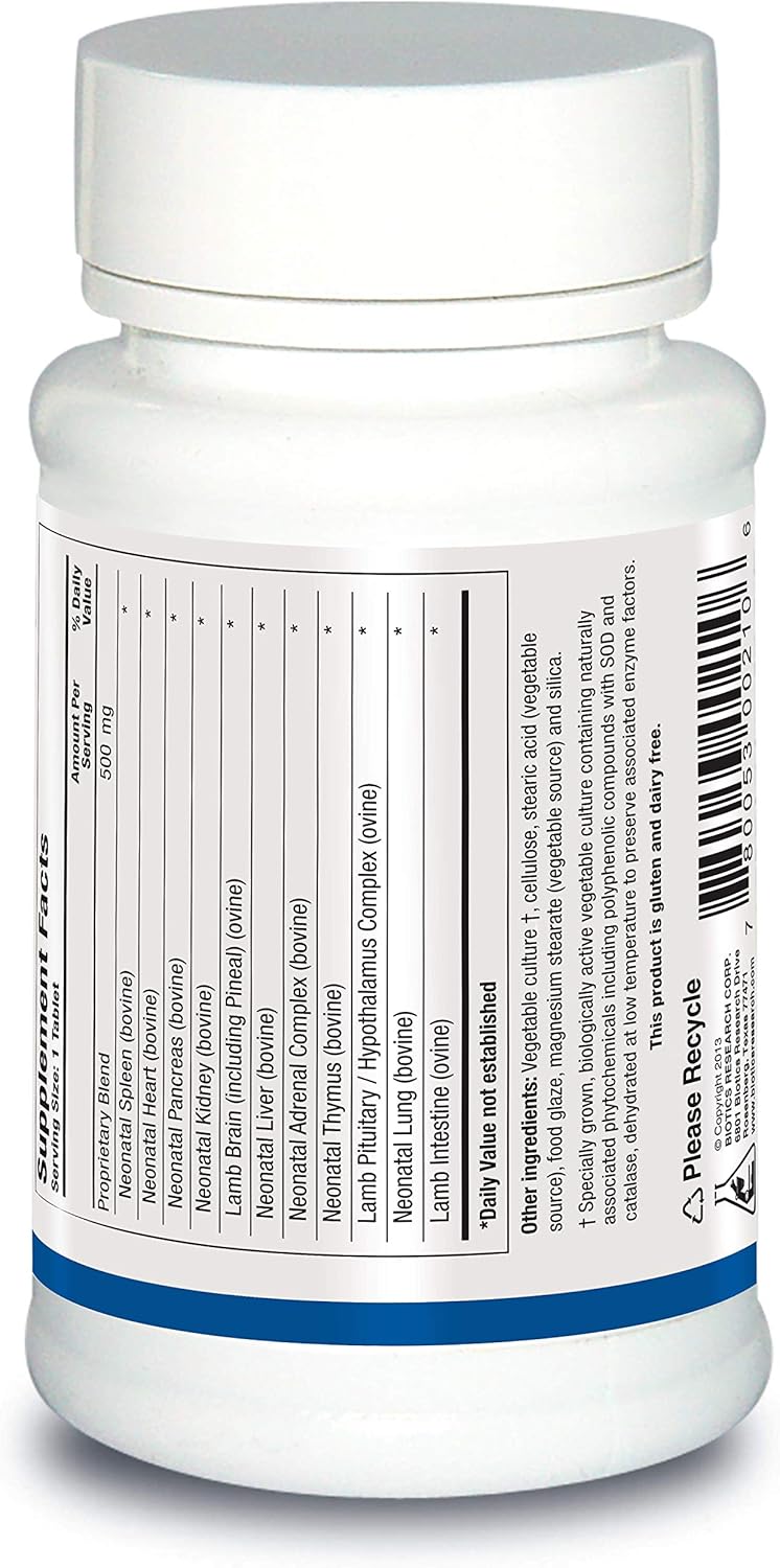 Biotics Research Neonatal Multi-Gland™ Mixed Organs and Glandular Concentrates, Broad Spectrum Therapy, Spleen, Heart, Pancreas, Kidney, Brain Liver, Adrenal, Thymus, Pituitary or Hypothalamus 60 Tabs