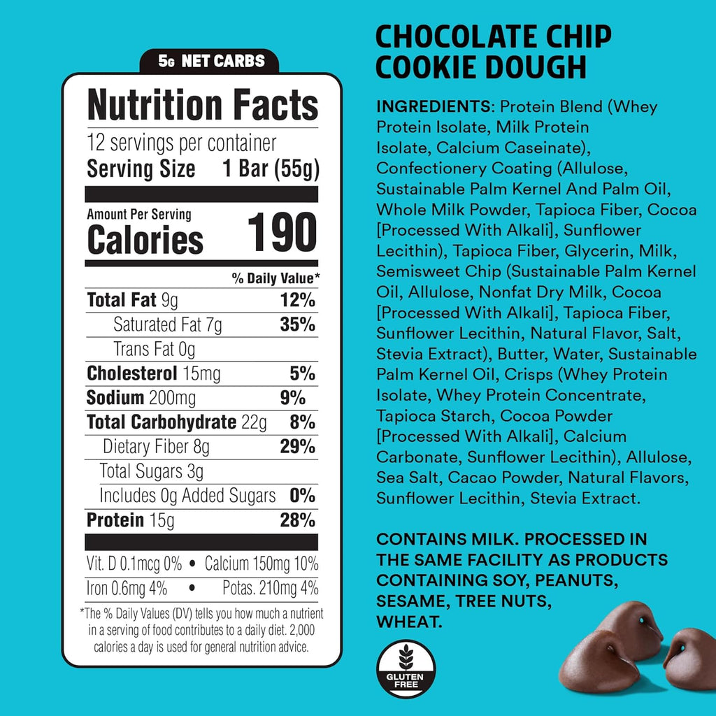 JUNKLESS Protein Bars - Chocolate Chip Cookie Dough - 15g Protein, No Added Sugar, Gluten Free, High Fiber, Delicious Taste and Texture, Satisfying, Healthy Snack for Energy - 12 Bars