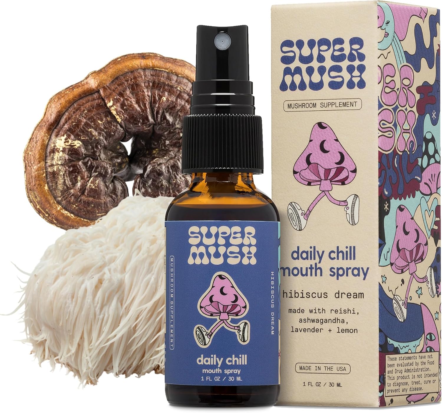 Daily Chill Mouth Spray - Mushroom Spray Supplement Reishi - Hibiscus & Ashwagandha Mixed Mushrooms Extract Pure Liquid Sprays - Stress Relief, Relaxing & Calming - 30ml Organic Lion’s Mane