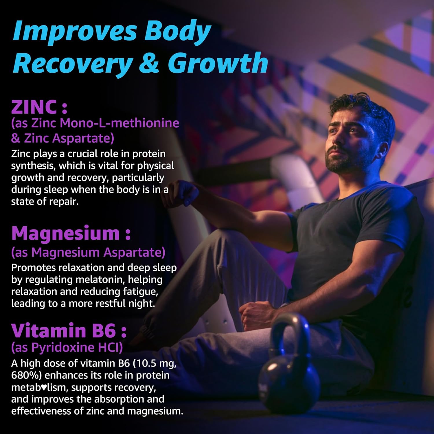 Zinc and Magnesium Supplement, Zinc Magnesium Aspartate Post Workout Gummies for Men Women, with Vitamin B6, B12, D3, Turmeric for Nighttime Recovery, Reduce Fatigue, Boost Immunity & Sleep, 60 Count