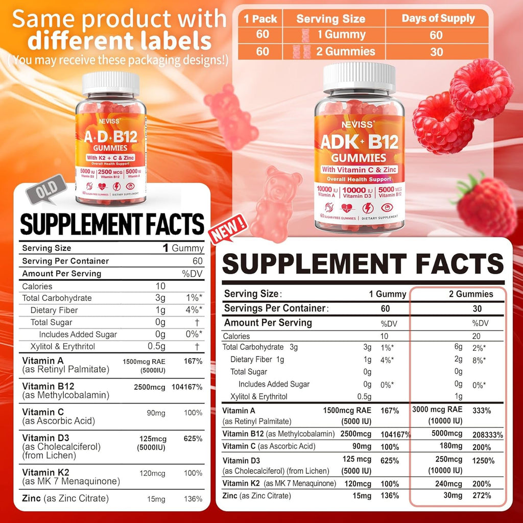 Methylated Multivitamin Women Men, Vitamin D3 K2 5000IU / 10,000IU, B12 5000 mcg 2500mcg, K2 (MK-7) 240mcg- ADK+Methyl Vitamin B12, Vegan D3,Vitamin A,C,Zinc Eye,Bone,Energy,Immune, Sugar-Free Gummies