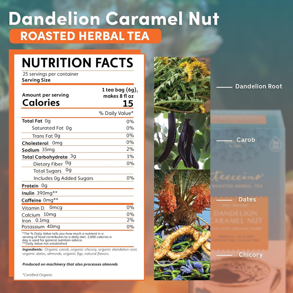 Teeccino Dandelion Caramel Nut Tea, 25 Tea Bags - Caffeine Free, Roasted Herbal Tea with Prebiotics, 3x More Herbs than Regular Tea Bags, Gluten Free, Great Hot or Iced, Herbal Tea