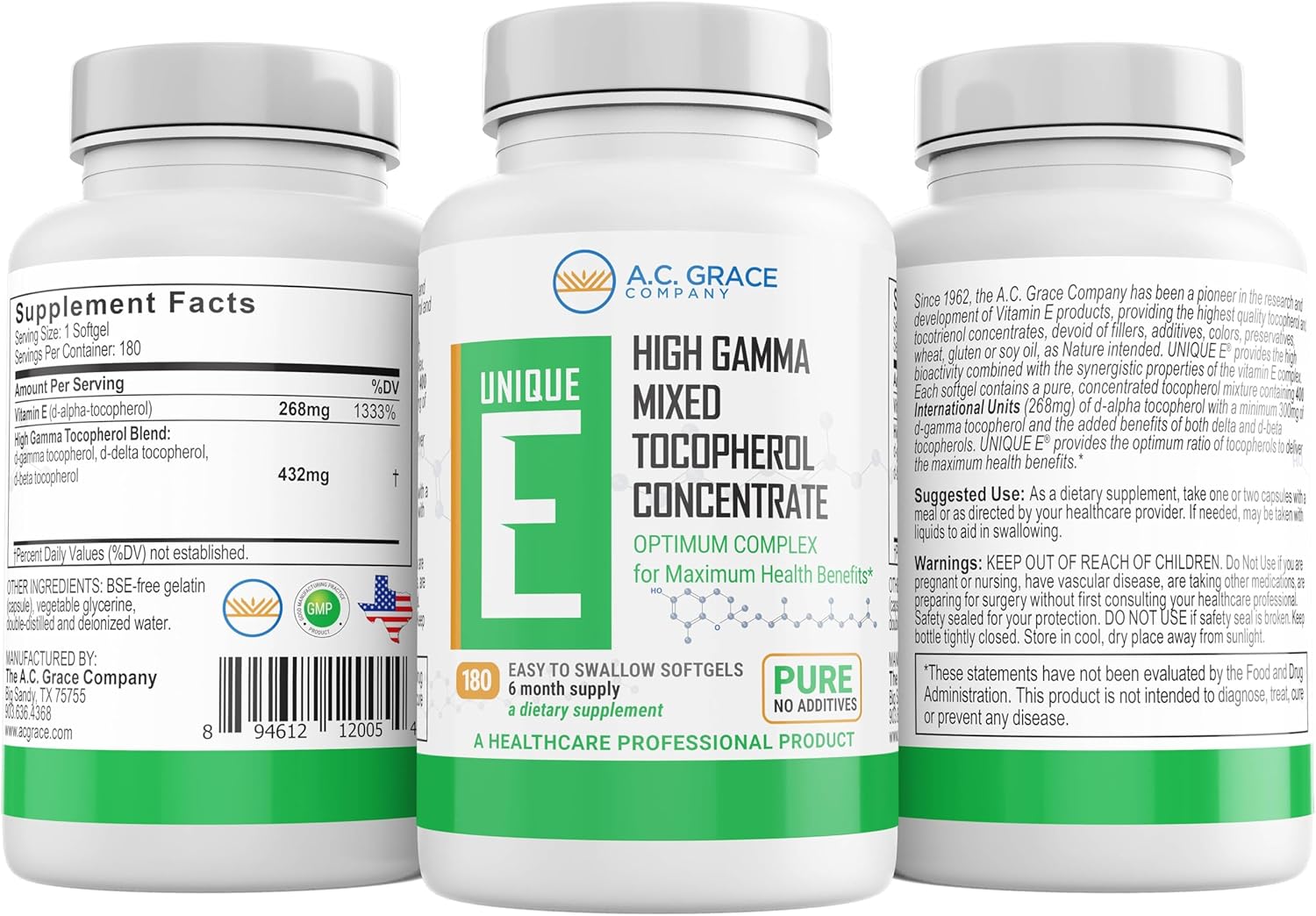 Unique E A.C. Grace Company, Mixed Tocopherols Concentrate Softgels, 180 Count