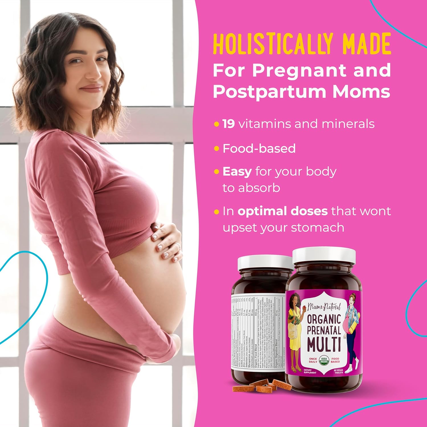 Mama Natural Organic Prenatal Vitamins for Women Vegan (30 Servings) | One A Day Prenatal Vitamins for Pregnant Women | Food Based, Non-GMO & Gluten-Free - Pre Natal Multivitamin with Folate