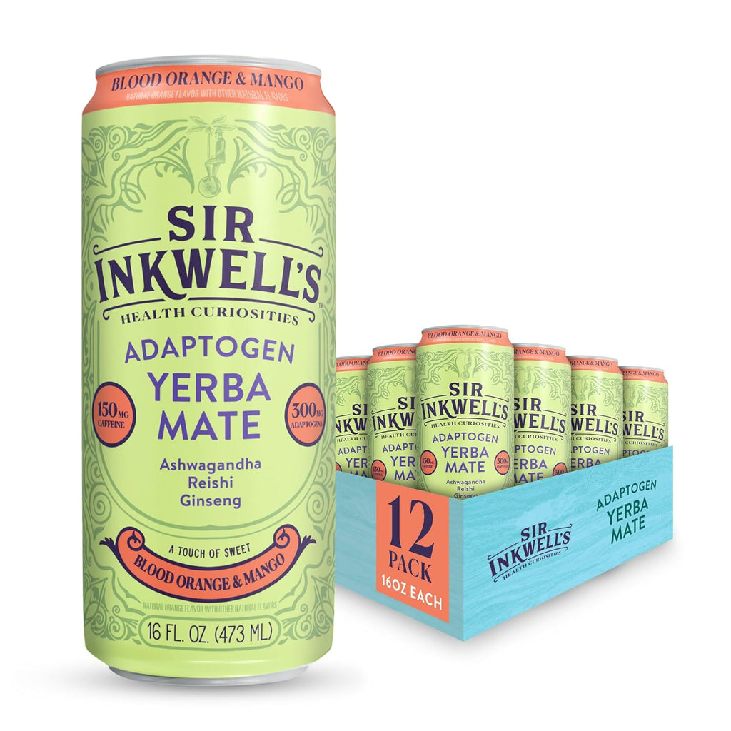 SIR INKWELL'S Adaptogen Yerba Mate | Healthful Energy + Productivity 150 mg Organic Caffeine | 300mg Ashwagandha Reishi Ginseng | Non-GMO Certified | Blood Orange & Mango 16oz 12pk