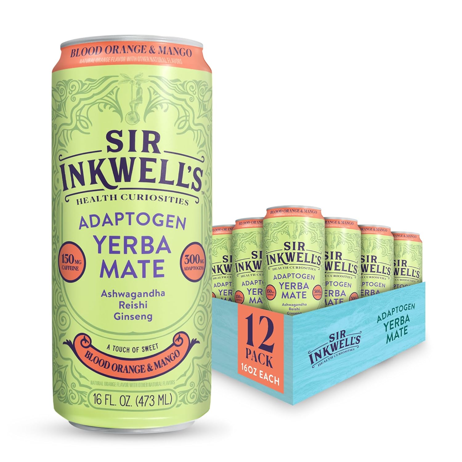 SIR INKWELL'S Adaptogen Yerba Mate | Healthful Energy + Productivity 150 mg Organic Caffeine | 300mg Ashwagandha Reishi Ginseng | Non-GMO Certified | Blood Orange & Mango 16oz 12pk