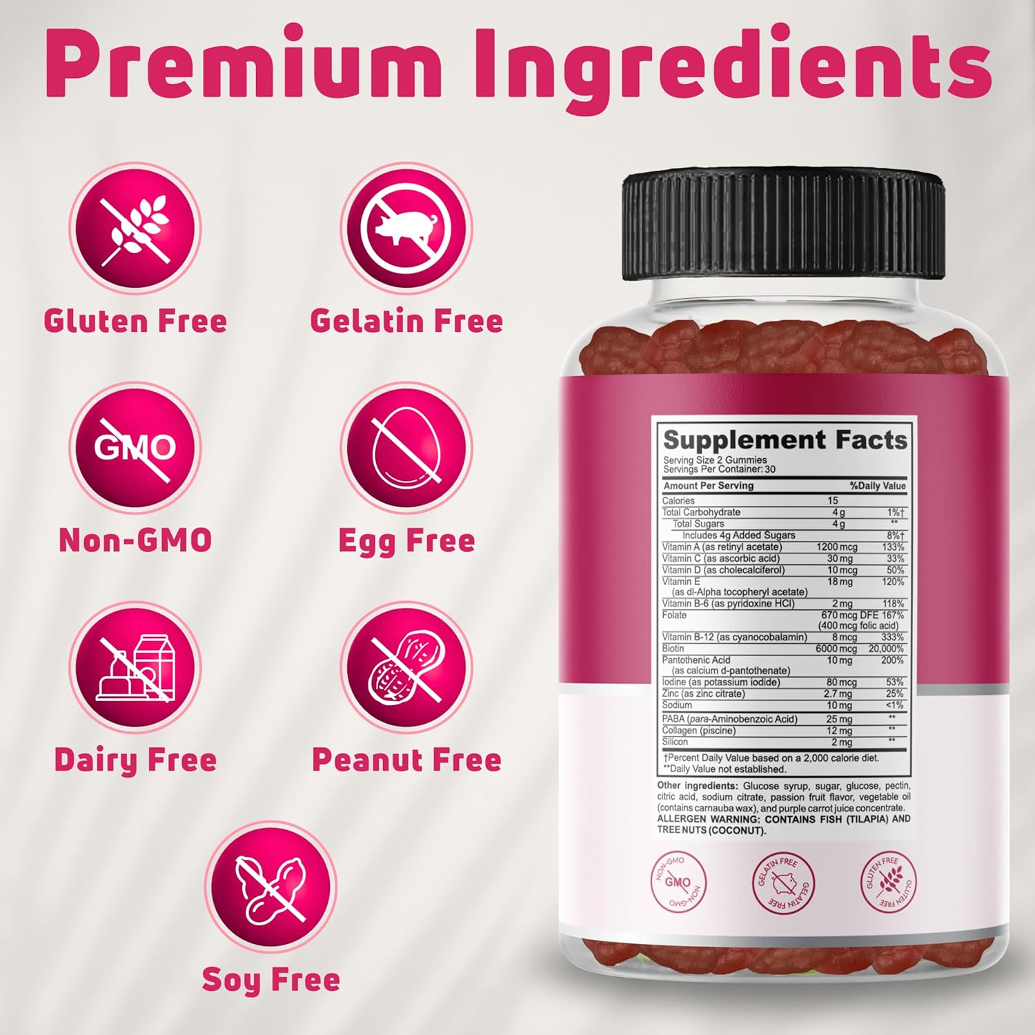 Hair Skin and Nails Gummies with Biotin (6000mcg), Collagen & PABA - Hair, Skin, and Nails Vitamins for Women and Men - Supports Hair Growth, Stronger Nails, Healthy Skin - 30 Servings