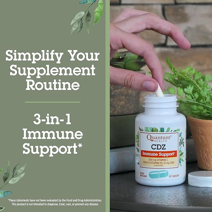Quantum Health CDZ Immune Support Supplement Vitamin C 500 mg, Vitamin D 1000 IU Plus Zinc 15 mg Powerful Whole Body Wellness Support Complex - Daily Immunity Boost for Women & Men - 60 Capsules