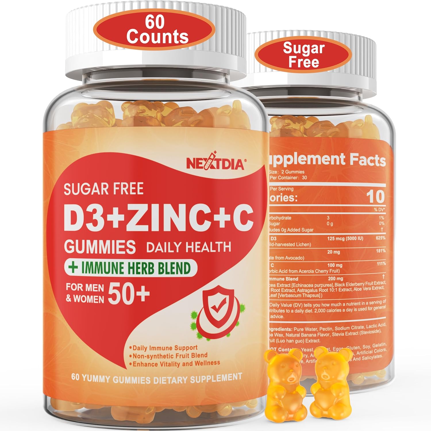 Sugar Free Vitamin C + D3 + Zinc Gummies for Adults 50 +, 9 in 1 Immune Defense Supplement with D3 5000IU, Elderberry, Echinacea, Mullein Leaf for Boost Immunity, Power Antioxidant, Vegan (Pack of 1)
