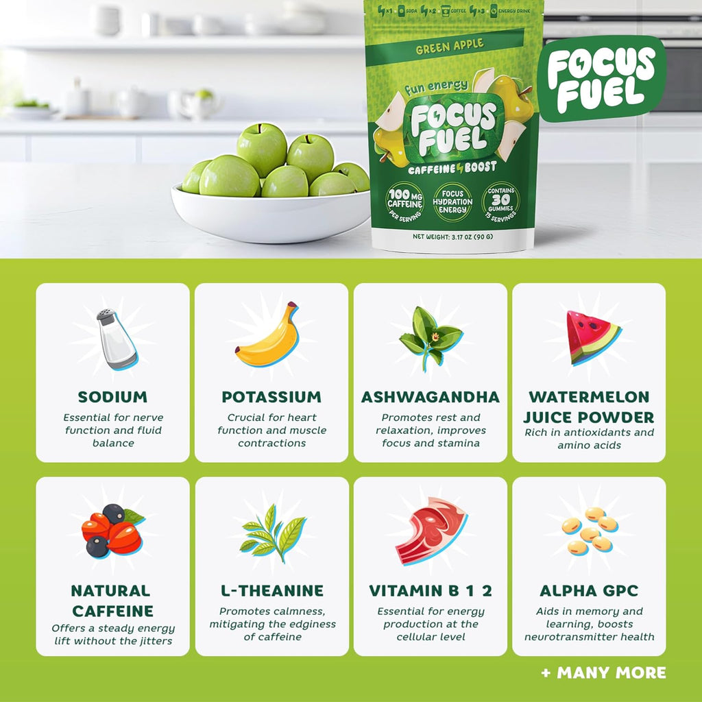 Energy Chews – Green Apple Flavor (15 Servings) – 100mg Caffeine + B12, Magnesium, Alpha GPC – Boost Focus & Energy – No Crash or Jitters