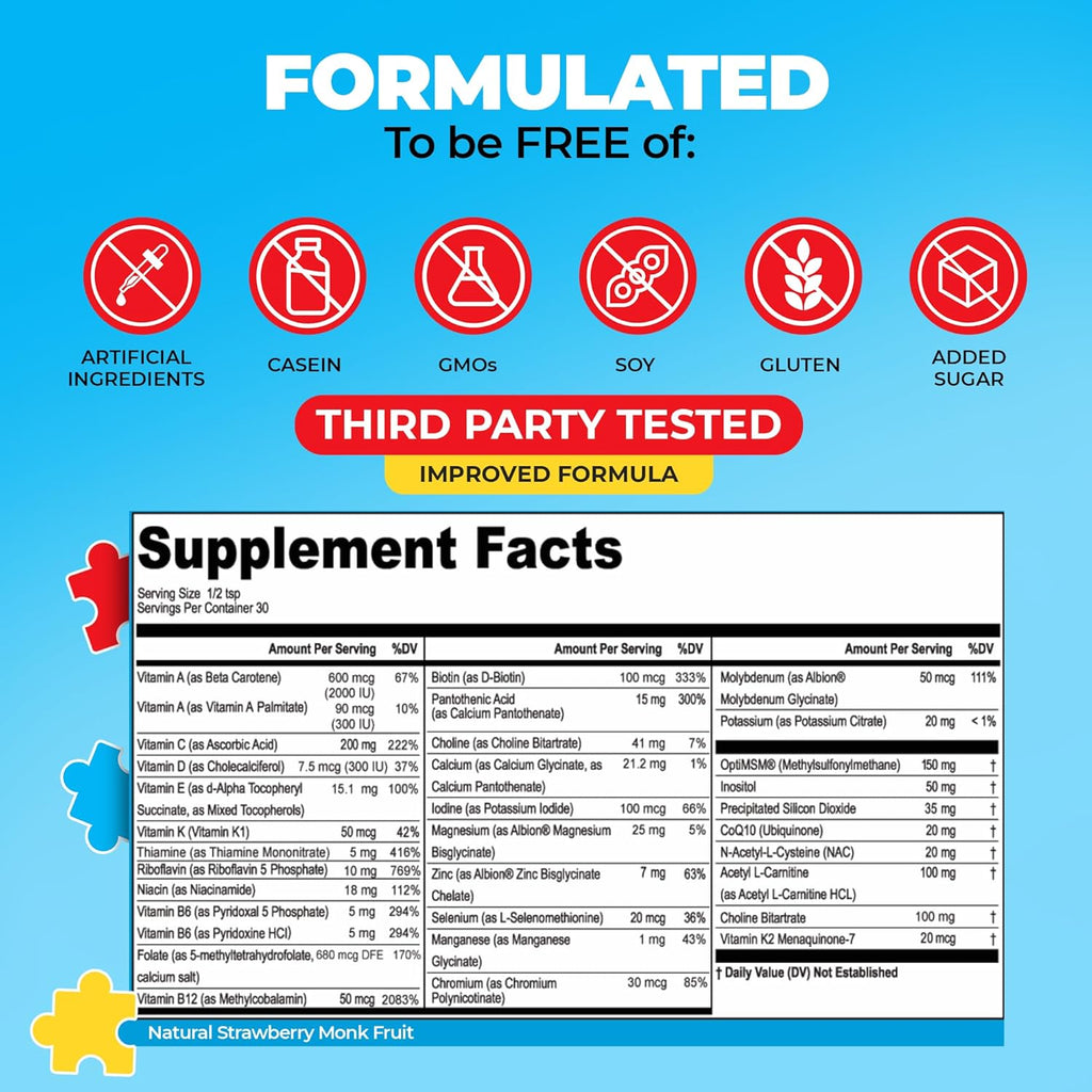 Kids Powder Multivitamin - Strawberry Powder Supplement, Better Absorption, Non-GMO, Non-Gluten, No Artificial Ingredients - Neural Help for Children on The Spectrum - 30 Servings