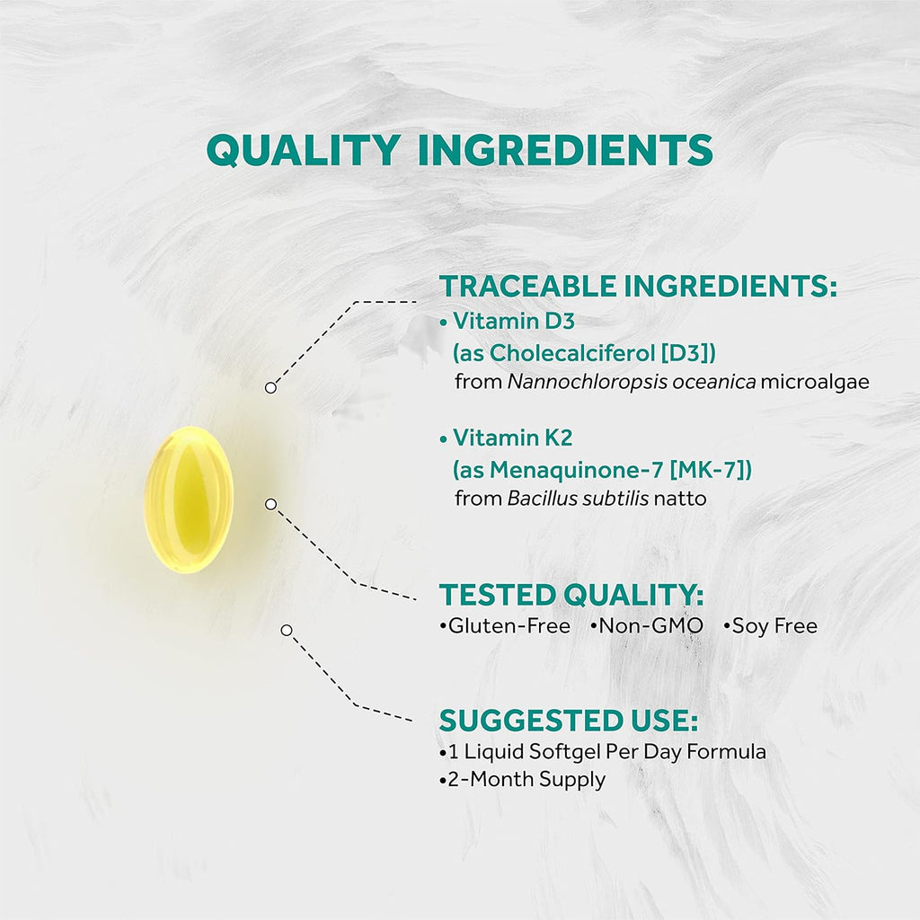 Vegan Vitamin D3 + K2 from Algae | 5000iu Vitamin D with 120mcg MK7 Vitamin K | Vegan Society Certified, Sustainably Sourced, Better Than Animal Derived | 60 Veggie Softgels