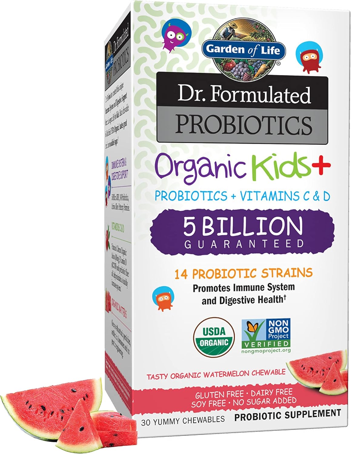 Garden of Life Dr. Formulated Probiotics Organic Kids+ plus Vitamin C & D - Watermelon - 5 Billion CFU Gluten, Dairy & Soy Free Immune & Digestive Health Supplement, No Added Sugar, 30 Chewables