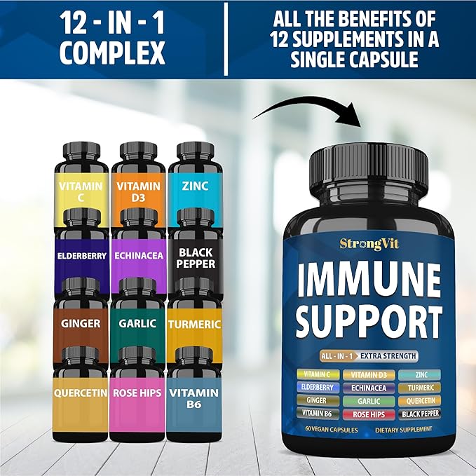 Immune Support Supplement 12 in 1 Complex with Vitamin C, D3, Zinc, Echinacea, Elderberry, Ginger, Turmeric. Immune Defend for Men & Women, Non-GMO, Gluten-Free, Vegan, USA