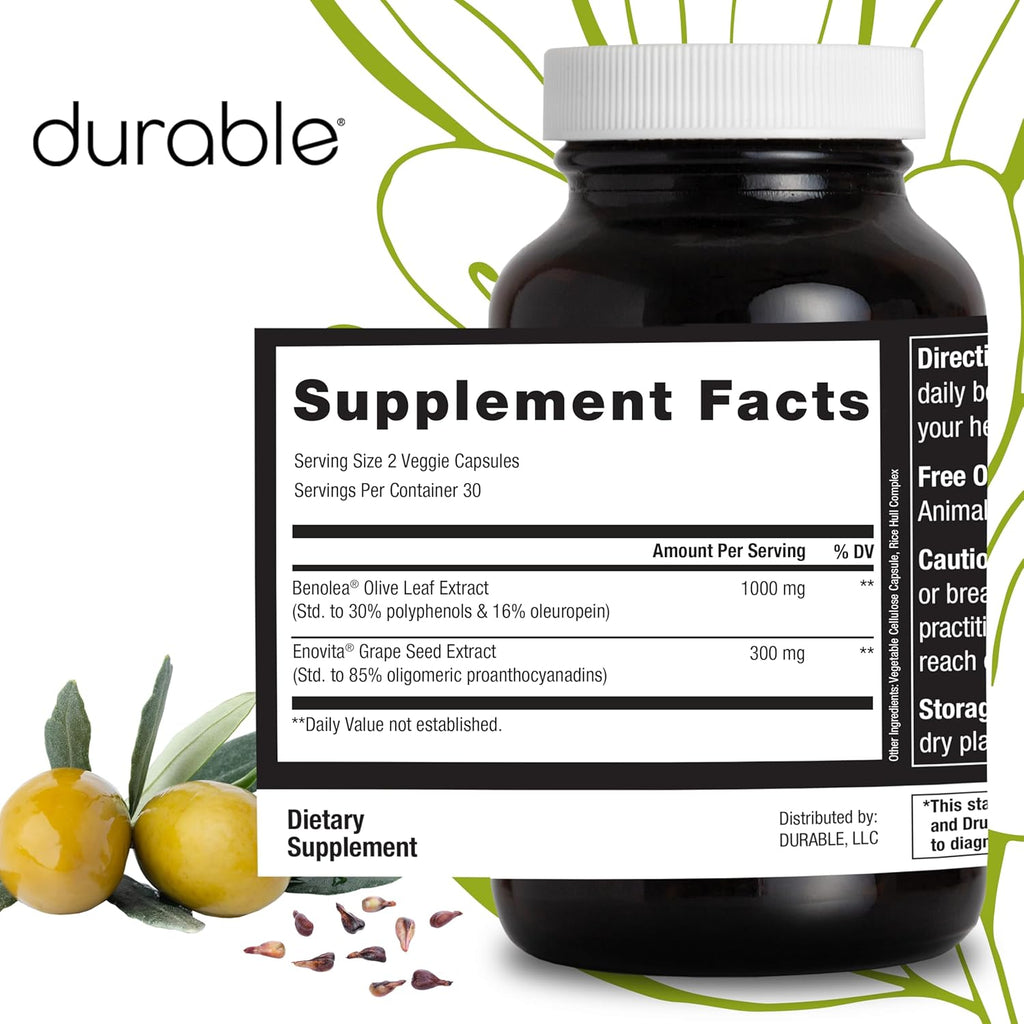 Durable Blood Pressure – Benolea Olive Leaf & Enovita Grape Seed Extract – Healthy Circulation, Nitric Oxide & Artery Support – Doctor Formulated, Vegan, Non-GMO, Made in USA (60 Capsules)