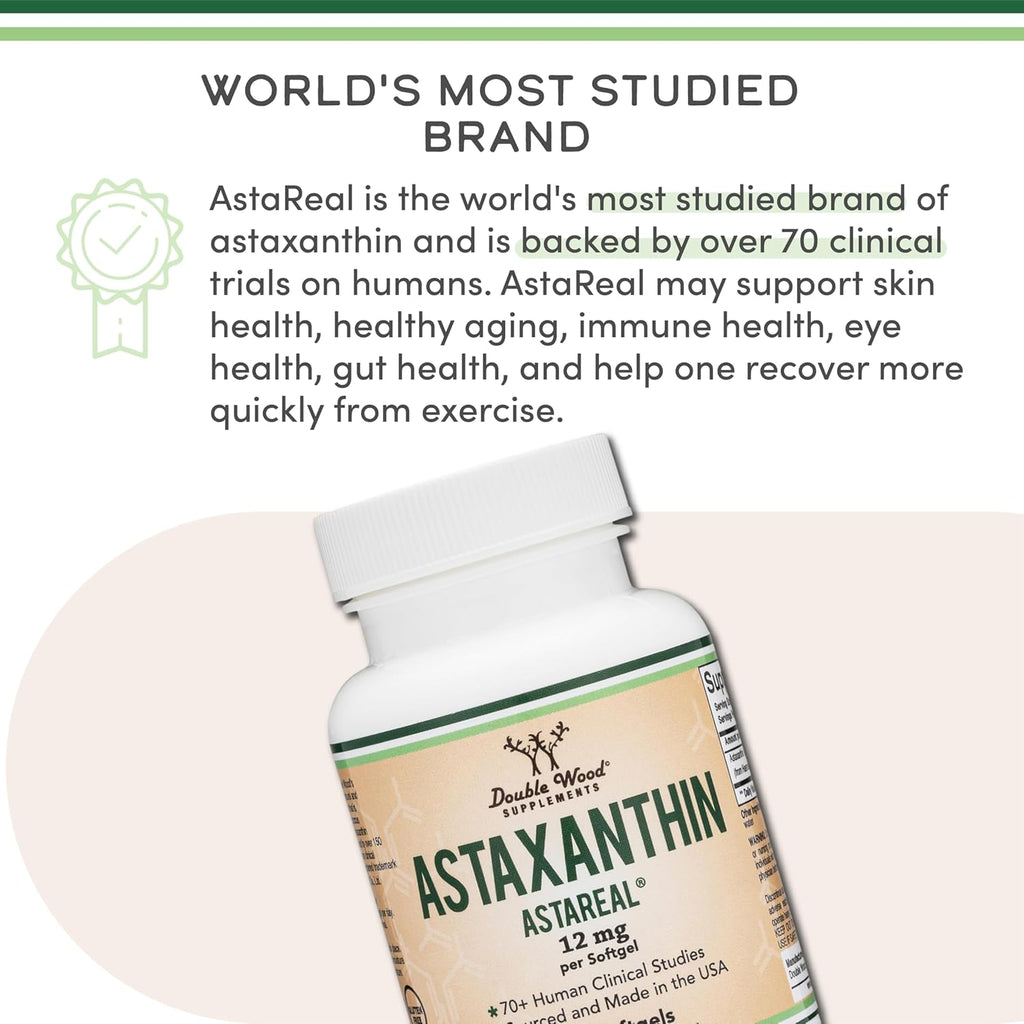 Astaxanthin 12mg Max Strength (Only Patented Astaxanthin (Astrareal) with 70+ Human Clinical Trials - World's Most Studied Brand) Grown, Harvested, and Made in The USA (Astaxantina) by Double Wood