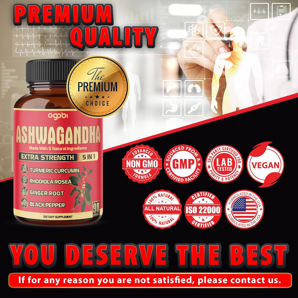 90 Capsules - Ashwagandha Supplement Capsules - Ginger Root, Turmeric, Rhodiola Rosea & Black Pepper