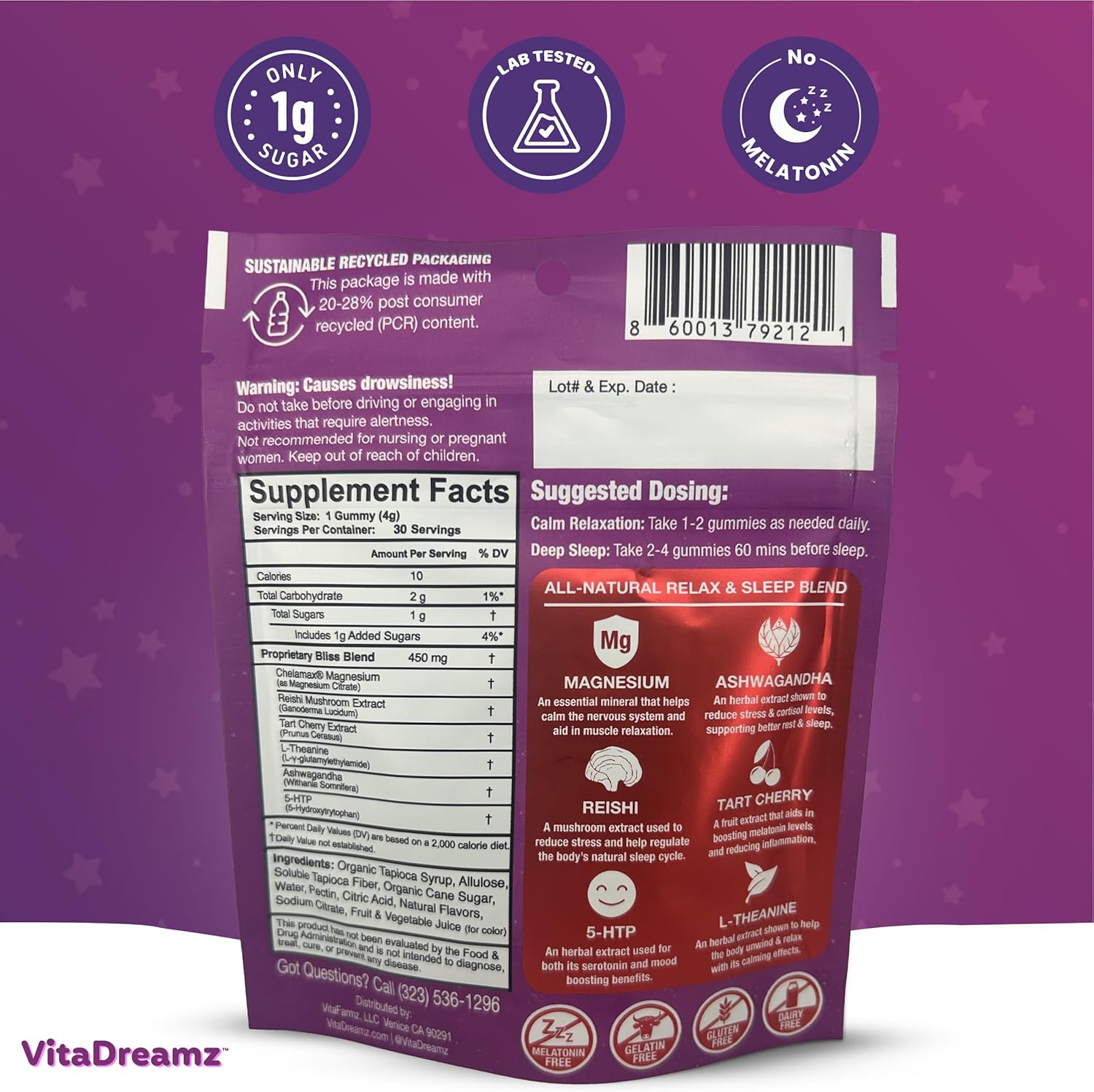 Bliss Berry Magnesium Relax & Sleep Gummies with Ashwagandha, Reishi, Tart Cherry, 5-HTP, L-Theanine | No Melatonin | Low-Sugar, Vegan, Non GMO, Berry Flavored