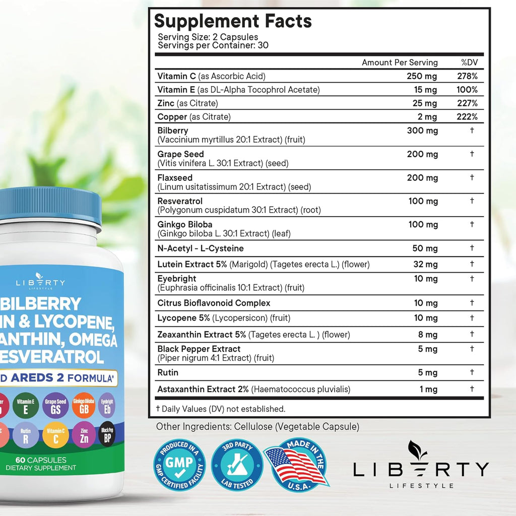 Eye Health Vitamins with Bilberry, Lutein & Zeaxanthin, Lycopene, Resveratrol, Grape Seed Extract Flaxseed Astaxanthin- AREDS 2-180 Capsules