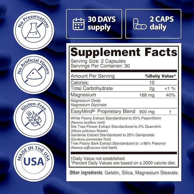 Magnesium Oxide and Glycinate Extra Strength, Natural Sleep Aid Supplement EasyMind, High Absorption, Restful Sleep & Relaxation, Cortisol Lower, Natural-Gentle, Melatonin Free, 60 Capsules