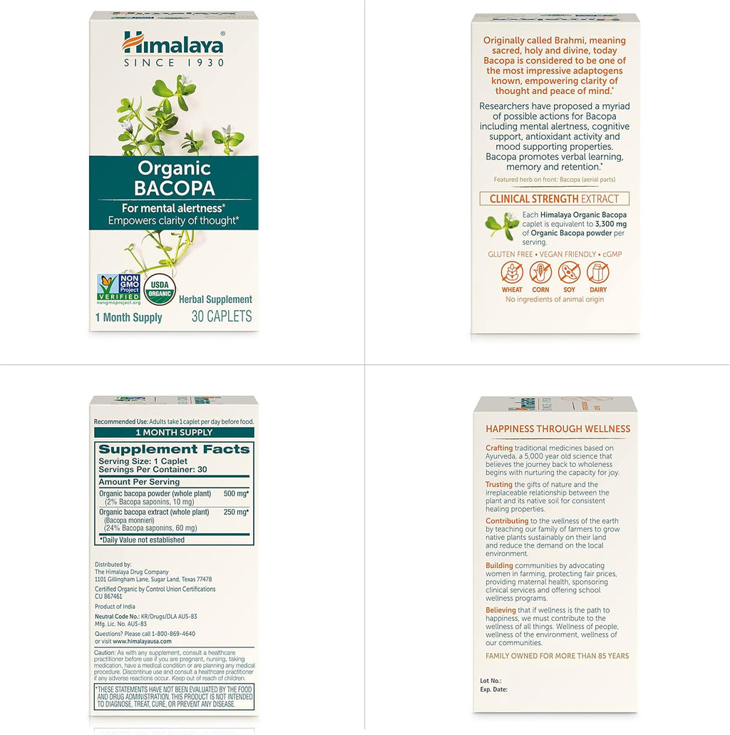 Himalaya Organic Bacopa Monnieri Nootropic Herbal Supplement, Mental Alertness, Supports Calm, Memory, Cognition, USDA Organic, Non-GMO, 750 mg, 60 Plant-Based Caplets, 2 Pack, 120 Day Supply