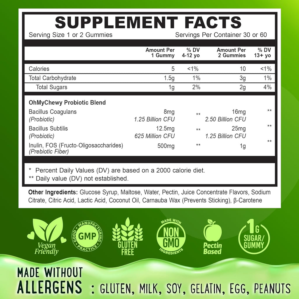 Center-Filled Kids Probiotic Gummies - with Prebiotic and Vegan Inulin Fiber for Digestive Support - Gut Health Supplement for 3+ Yo Children & Teens - Delicious Apple & Kiwi Flavor - 60 CT