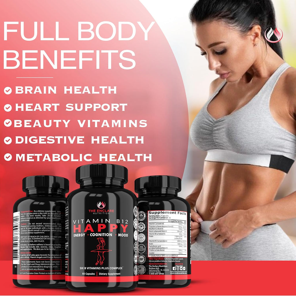 THE ENCLARE NUTRITION Vitamin B12 - B Complex Vitamins Supplement-Energy Metabolism, Nervous System Support, Brain, Heart, Tissue Health with Vitamin C & B(1,2, 3,5,6,7,8,9,12) Vegan Max Strength (3)