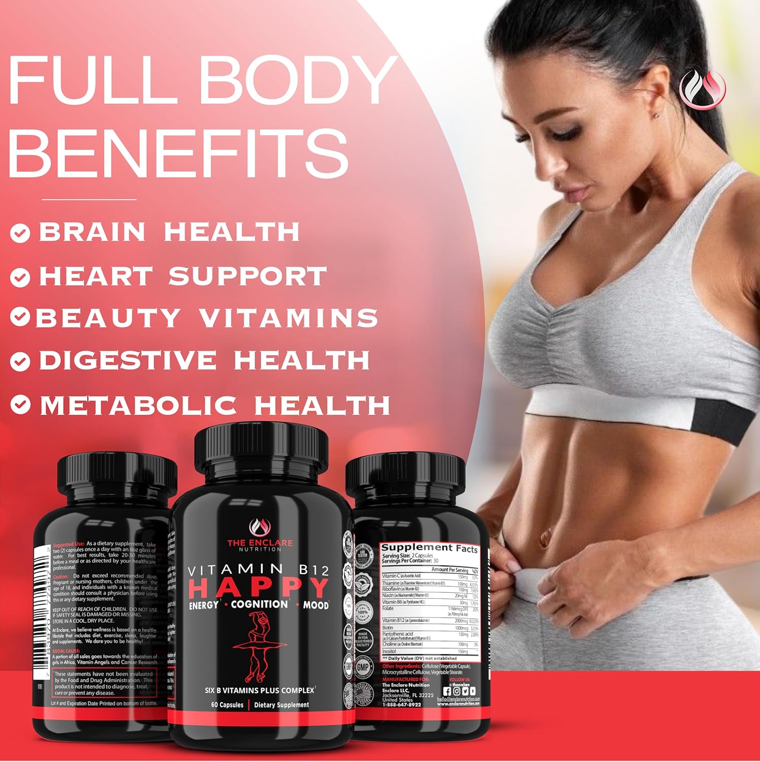 THE ENCLARE NUTRITION Vitamin B12 - B Complex Vitamins Supplement-Energy Metabolism, Nervous System Support, Brain, Heart, Tissue Health with Vitamin C & B(1,2, 3,5,6,7,8,9,12) Vegan Max Strength (3)