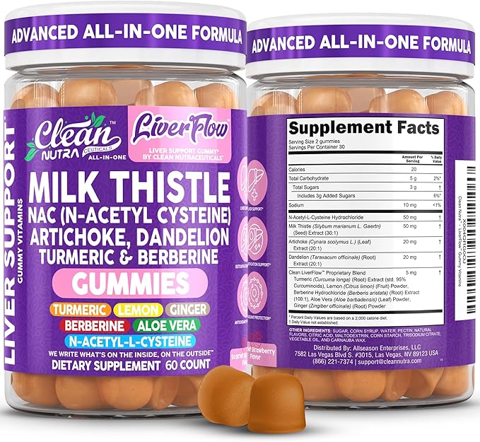 Clean Nutra Milk Thistle NAC Supplement N Acetyl Cysteine Artichoke Dandelion Root Turmeric Berberine Ginger Curcumin Gut Health Metabolism Detox & Cleanse 60 Gummies