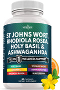 NEW AGE St Johns Wort, Rhodiola Rosea, Holy Basil, Ashwagandha - Support for Women and Men with Vitamin C & Black Pepper Extract - 60 Count