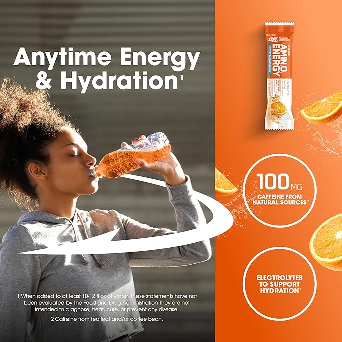 Optimum Nutrition Amino Energy Hydration Packets, On-The-Go Energy Powder Stick Packs, Tangerine Wave, 25 Count