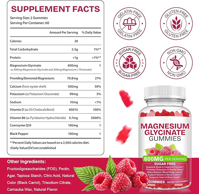 Magnesium Glycinate Gummies 600mg 120 Count - Sugar Free Magnesium Supplement - Supports for Sleep, Memory, Mood, Muscle, Relaxation, Heart & Bone Health