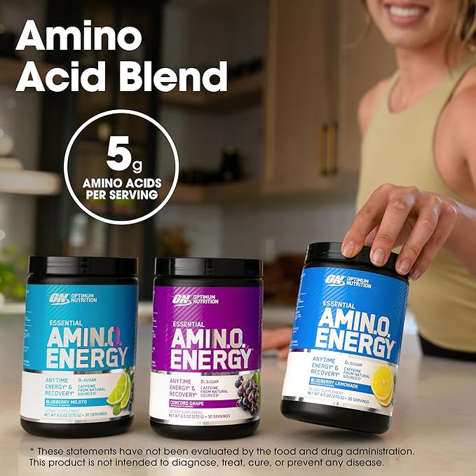 Optimum Nutrition Amino Energy - Pre Workout with Green Tea, BCAA, Amino Acids, Keto Friendly, Green Coffee Extract, Energy Powder - Blue Raspberry, 65 Servings (Packaging May Vary)