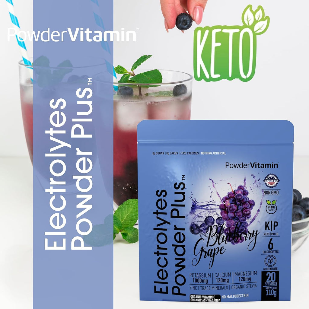 PowderVitamin Electrolytes Powder Plus (20 Servings) Blueberry Grape Electrolyte Powder Zero Calorie Keto,0 Sugar, No Maltodextrin,1000mg Potassium,120mg Calcium,120mg Magnesium, Pink Himalayan Salt