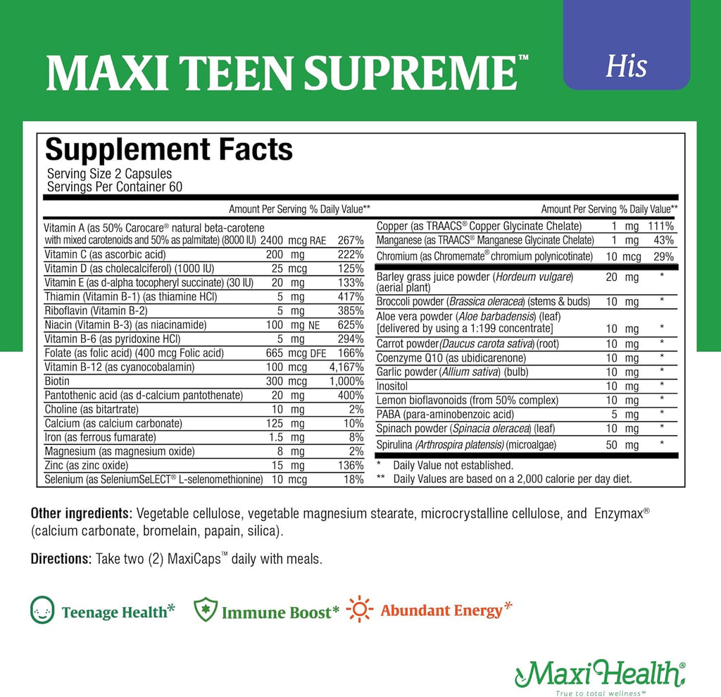 Maxi Health Multivitamin for Him – Boys Vitamins for Ages 12–17 Teen Supreme – Men’s Multivitamin for Energy, Immune Boost, Body & Brain Includes D3, Iron, Calcium, Digestive Enzymes (120 Count)