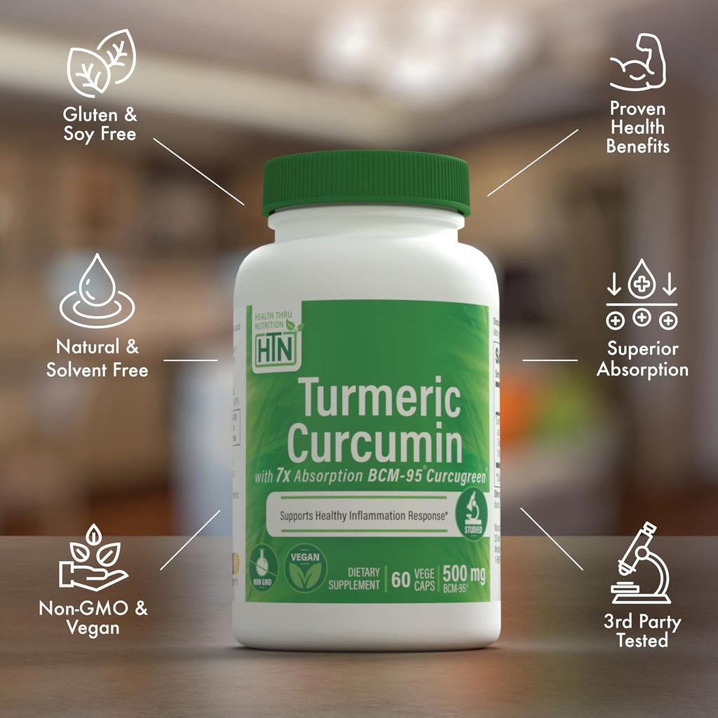 Health Thru Nutrition Turmeric Curcumin Complex 500mg Supplement | as BCM-95 Curcugreen Clinically Studied | Vegan Certified (Pack of 60)