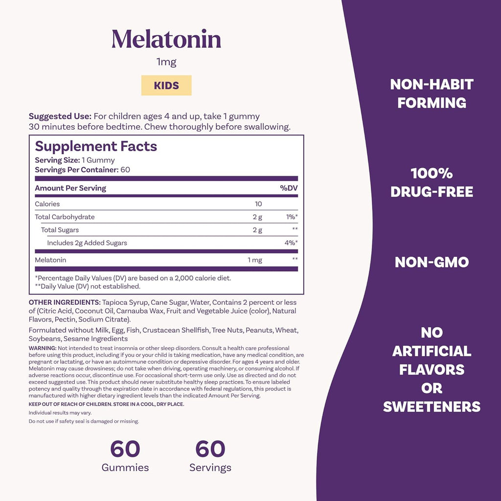Natrol Kids Melatonin Gummies 1mg, Children's Melatonin for Restful Sleep, 60 Raspberry-Flavored Sleep Gummies, 60 Day Supply