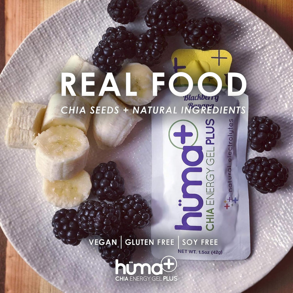 Huma Plus (Double Electrolytes) - Chia Energy Gel, Banana Berry, 12 Gels - Stomach Friendly, Real Food Energy Gels