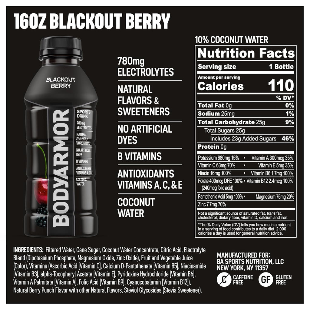 BODYARMOR Sports Drink Sports Beverage, Blackout Berry, Coconut Water Hydration, Natural Flavors With Vitamins, Potassium-Packed Electrolytes, Perfect For Athletes, 16 Fl Oz (Pack of 12)