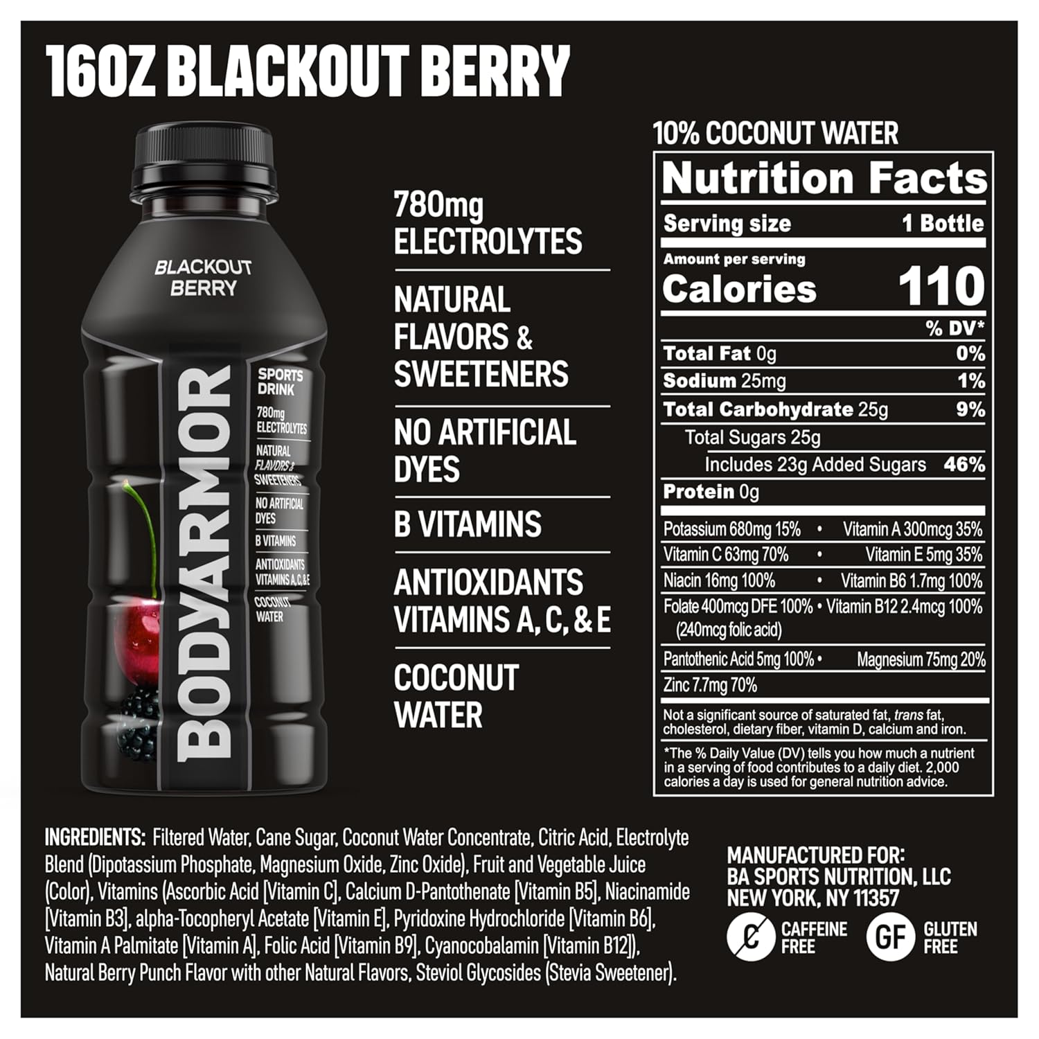 BODYARMOR Sports Drink Sports Beverage, Blackout Berry, Coconut Water Hydration, Natural Flavors With Vitamins, Potassium-Packed Electrolytes, Perfect For Athletes, 16 Fl Oz (Pack of 12)