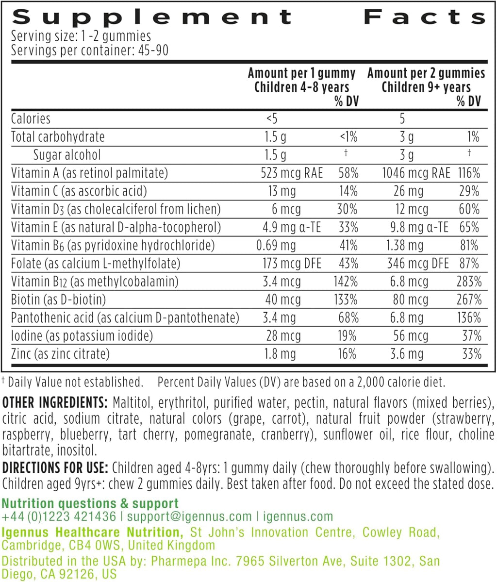 Igennus Methylated Kids Multivitamin Gummy, MTHFR, No Artificial Sweeteners or Flavors, Sugar Free, Age 4+, 90 Natural Berry Flavor Gummies from Fruit Powder, Non-GMO, Halal, Clean Label x6