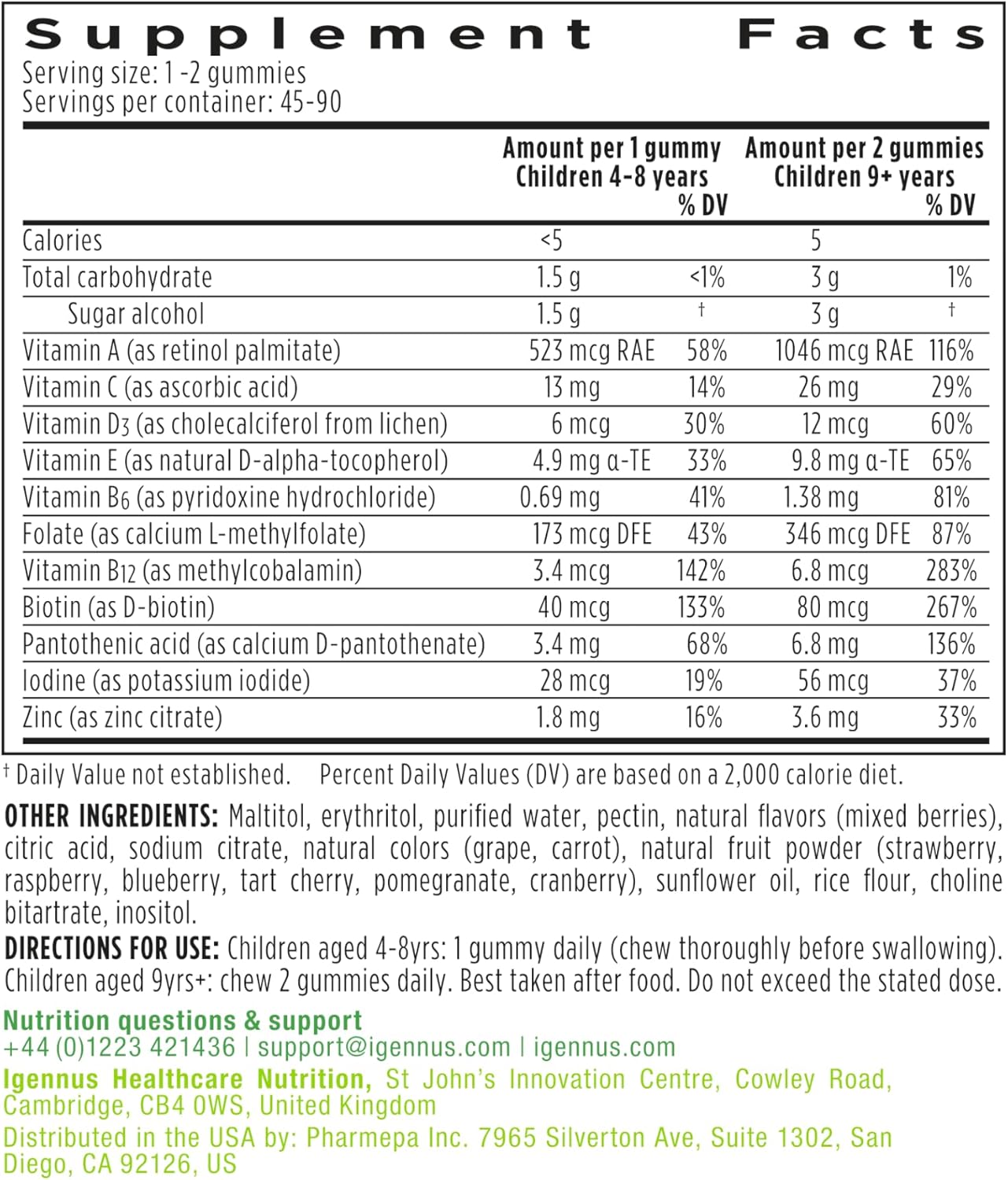 Igennus Methylated Kids Multivitamin Gummy, MTHFR, No Artificial Sweeteners or Flavors, Sugar Free, Age 4+, 90 Natural Berry Flavor Gummies from Fruit Powder, Non-GMO, Halal, Clean Label