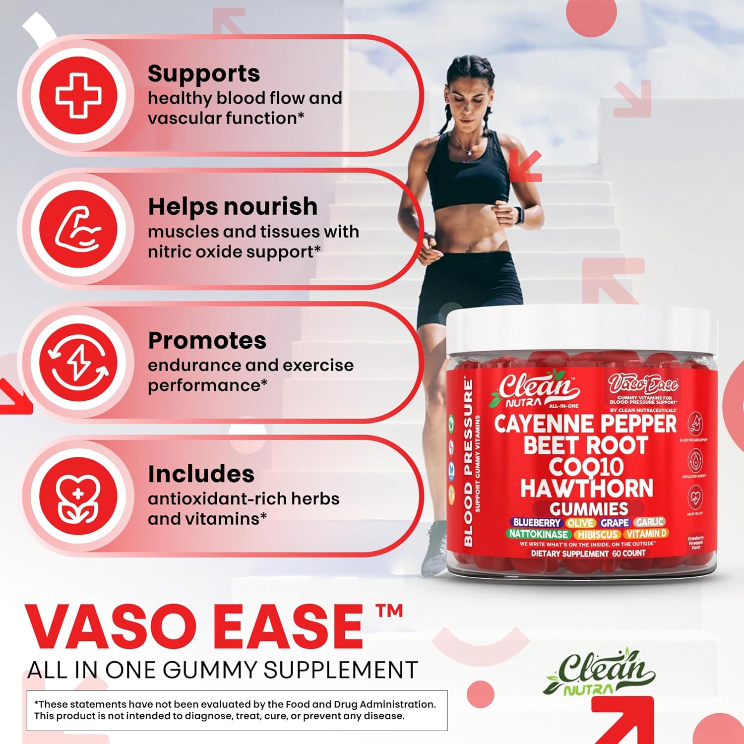 Clean Nutra Cayenne Pepper Beetroot Gummies Beet Root Garlic CoQ10 Hawthorn Berry Grape Seed Extract Olive Leaf Nattokinase Hibiscus Vitamin D Nitric Oxide - VasoEase