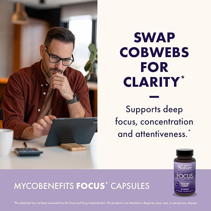 Host Defense MycoBenefits Focus Capsules - Mushroom Supplement for Brain Health Support - Neurological Function Aid for Adults - Includes Lion's Mane, Reishi & B Vitamins - 60 Capsules (30 Servings)